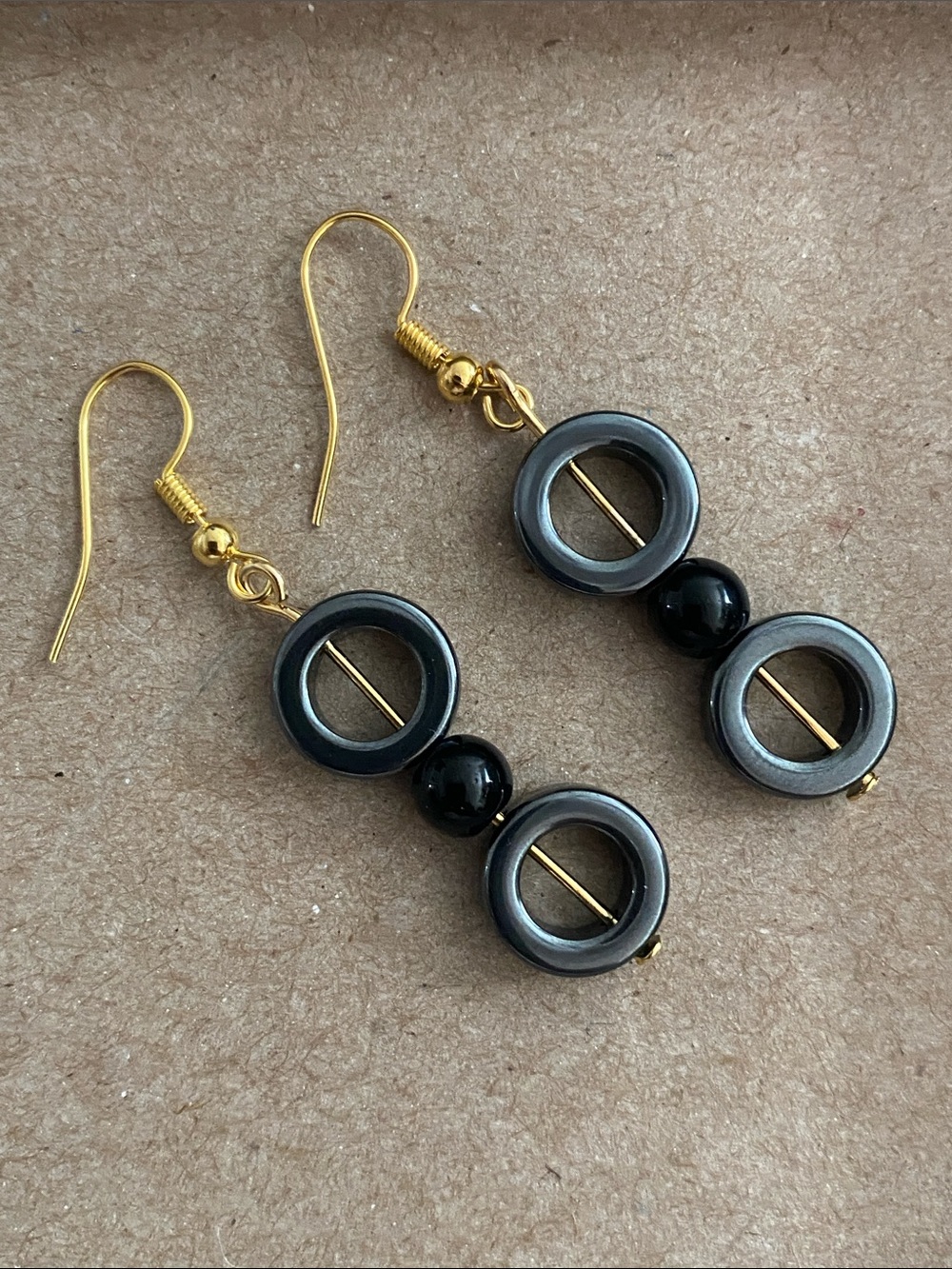 Gold Hook Black & Hematite Circle Drop Earrings-Good Vibes Only